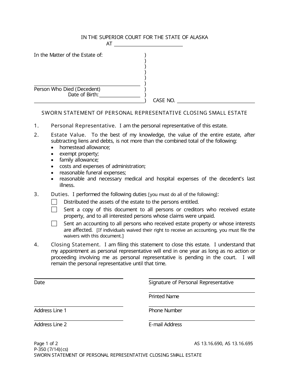 Form P-350 Sworn Statement of Personal Representative Closing Small Estate - Alaska, Page 1