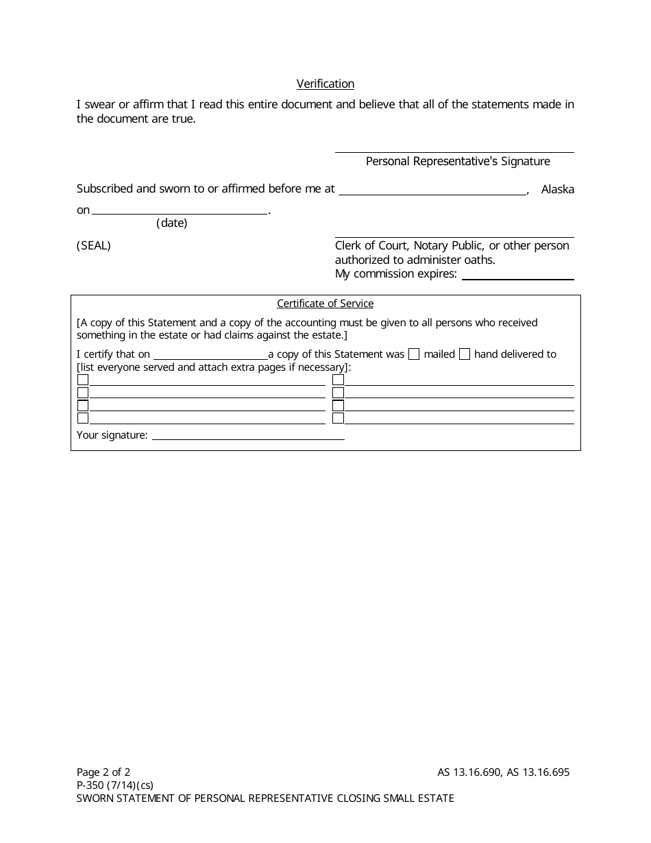 Form P-350 Sworn Statement of Personal Representative Closing Small Estate - Alaska, Page 2