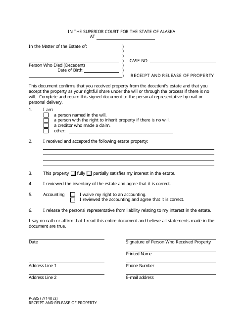 Form P-385 Receipt and Release of Property - Alaska