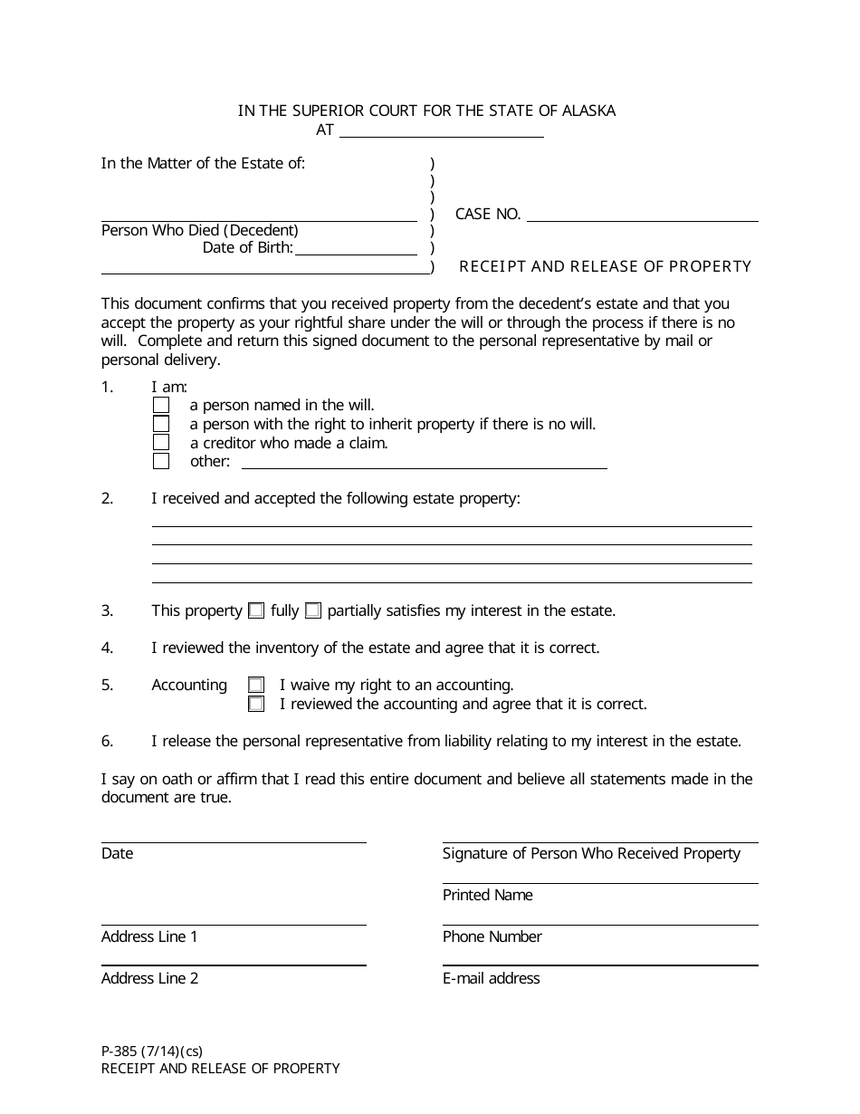 Form P 385 Download Fillable PDF Or Fill Online Receipt And Release Of 