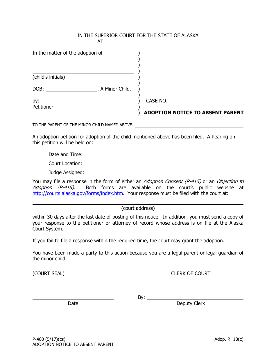 Form P-460 Adoption Notice to Absent Parent - Alaska, Page 1