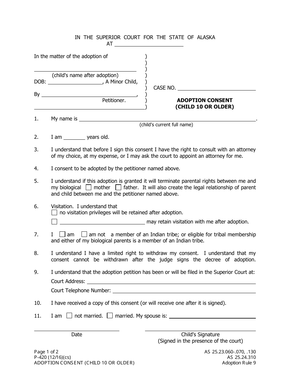 Form P-420 Adoption Consent (Child 10 or Older) - Alaska, Page 1
