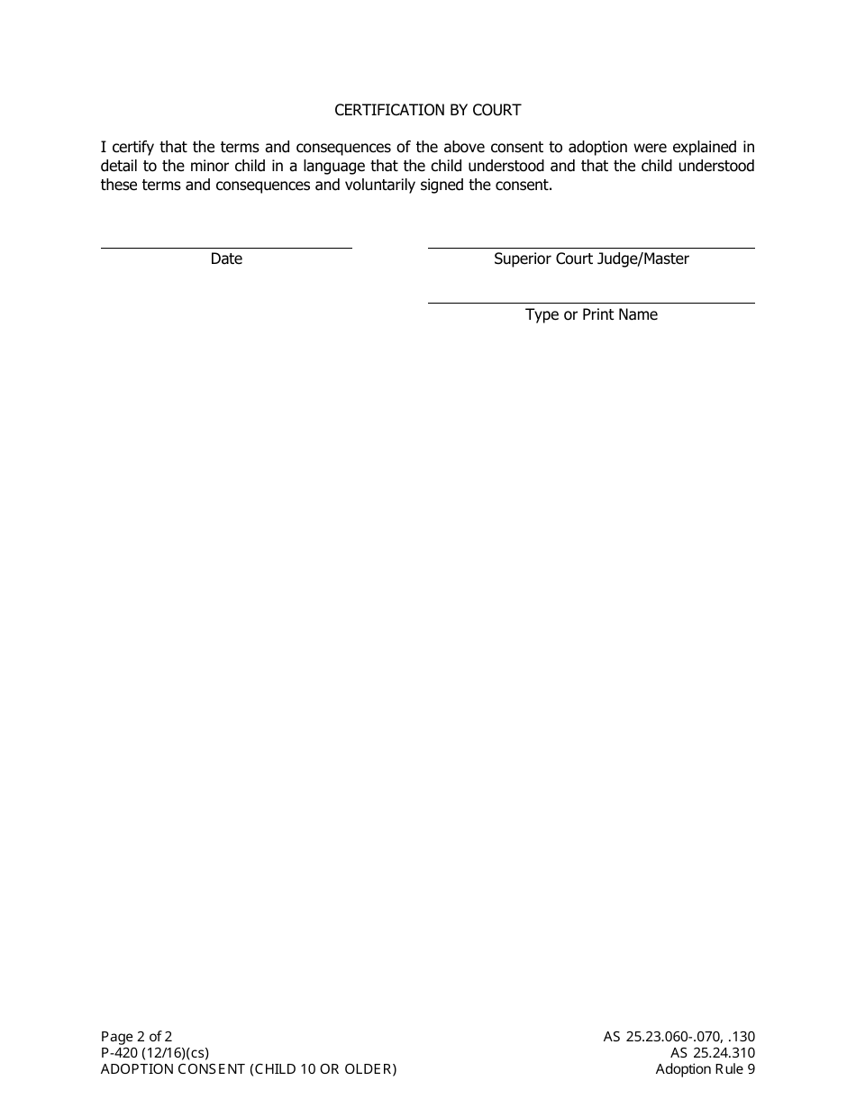 Form P-420 Adoption Consent (Child 10 or Older) - Alaska, Page 2