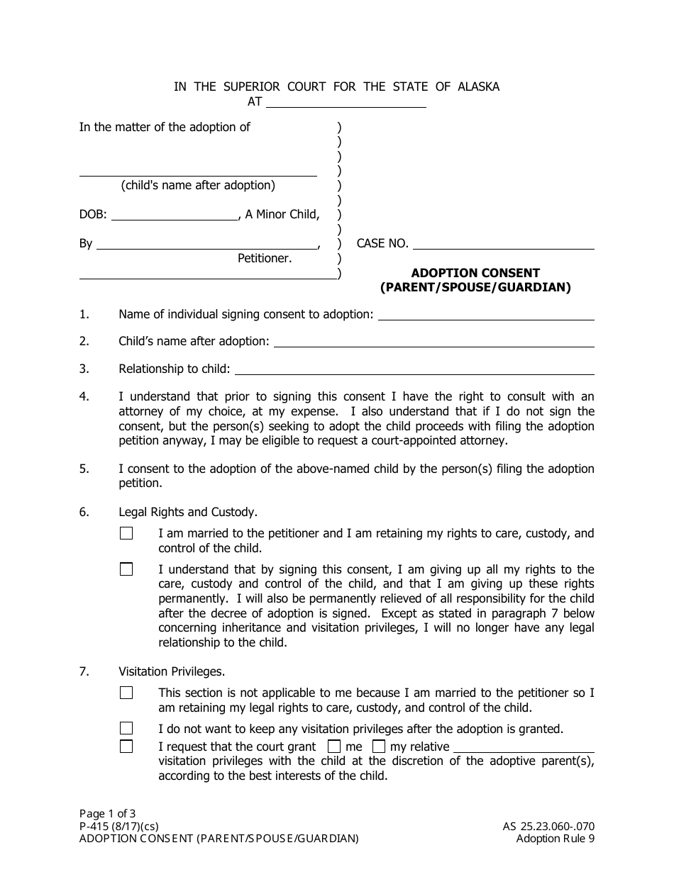 Form P-415 Adoption Consent (Parent / Spouse / Guardian) - Alaska, Page 1