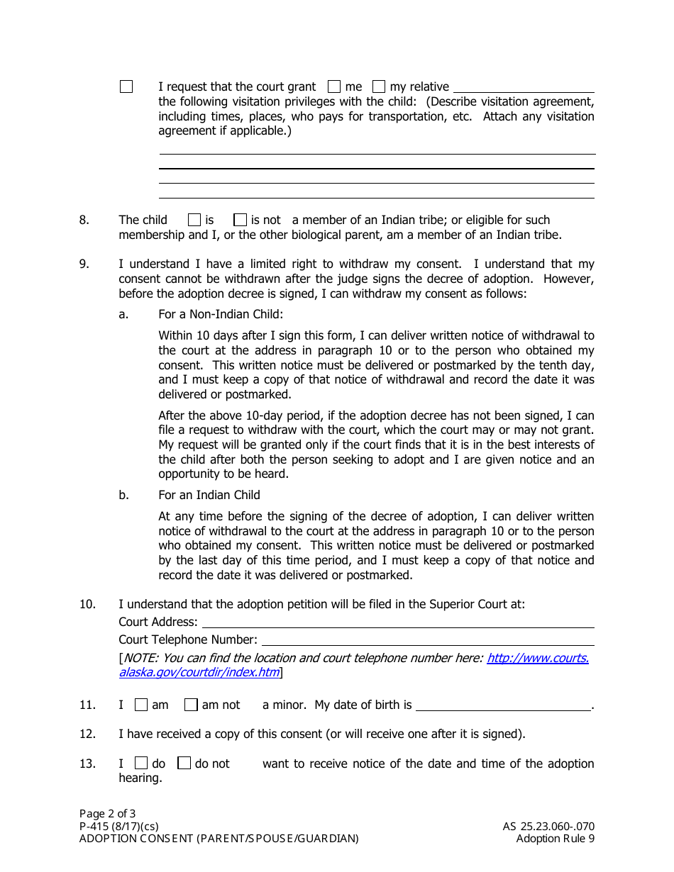 Form P-415 Adoption Consent (Parent / Spouse / Guardian) - Alaska, Page 2