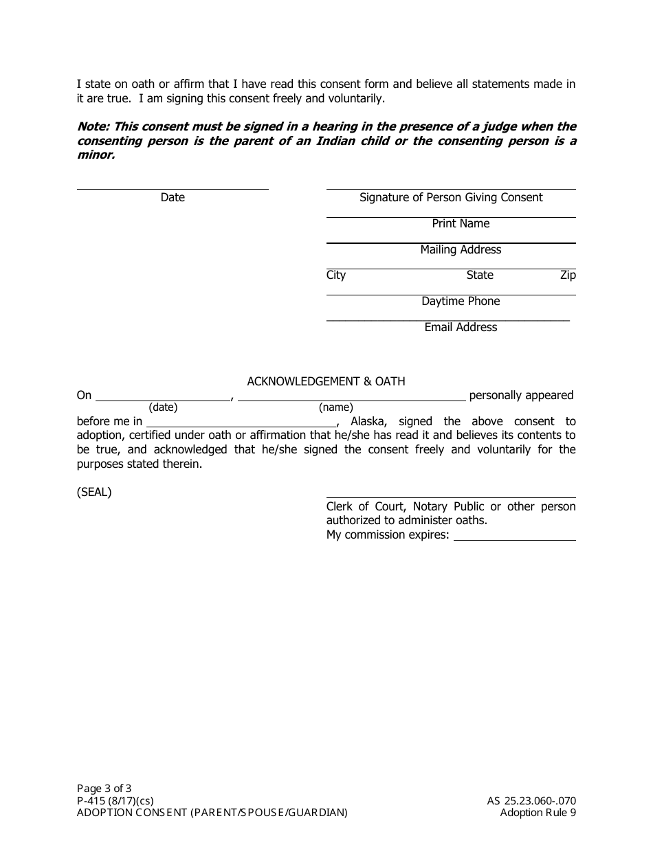 Form P-415 Adoption Consent (Parent / Spouse / Guardian) - Alaska, Page 3