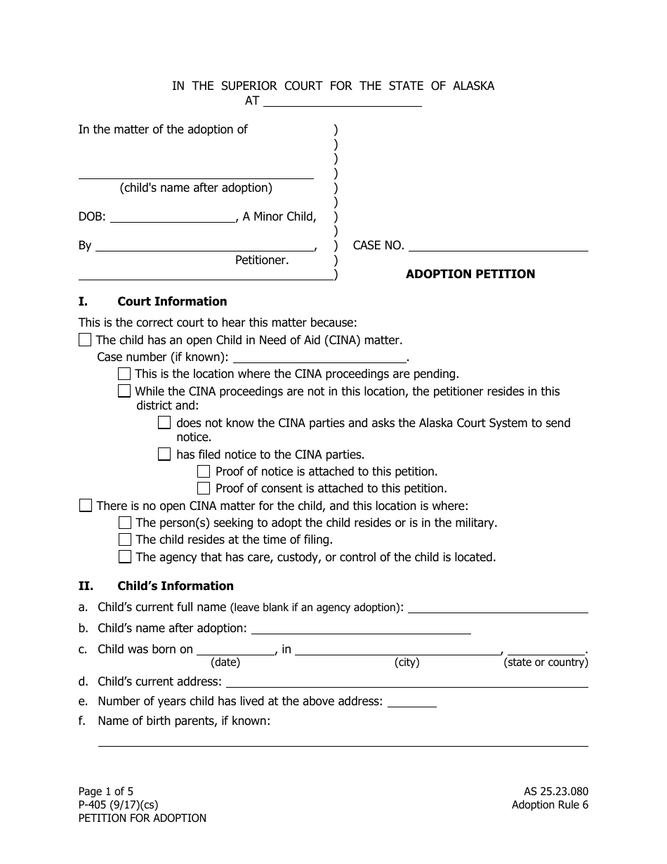 Form P-405 Petition for Adoption - Alaska, Page 1