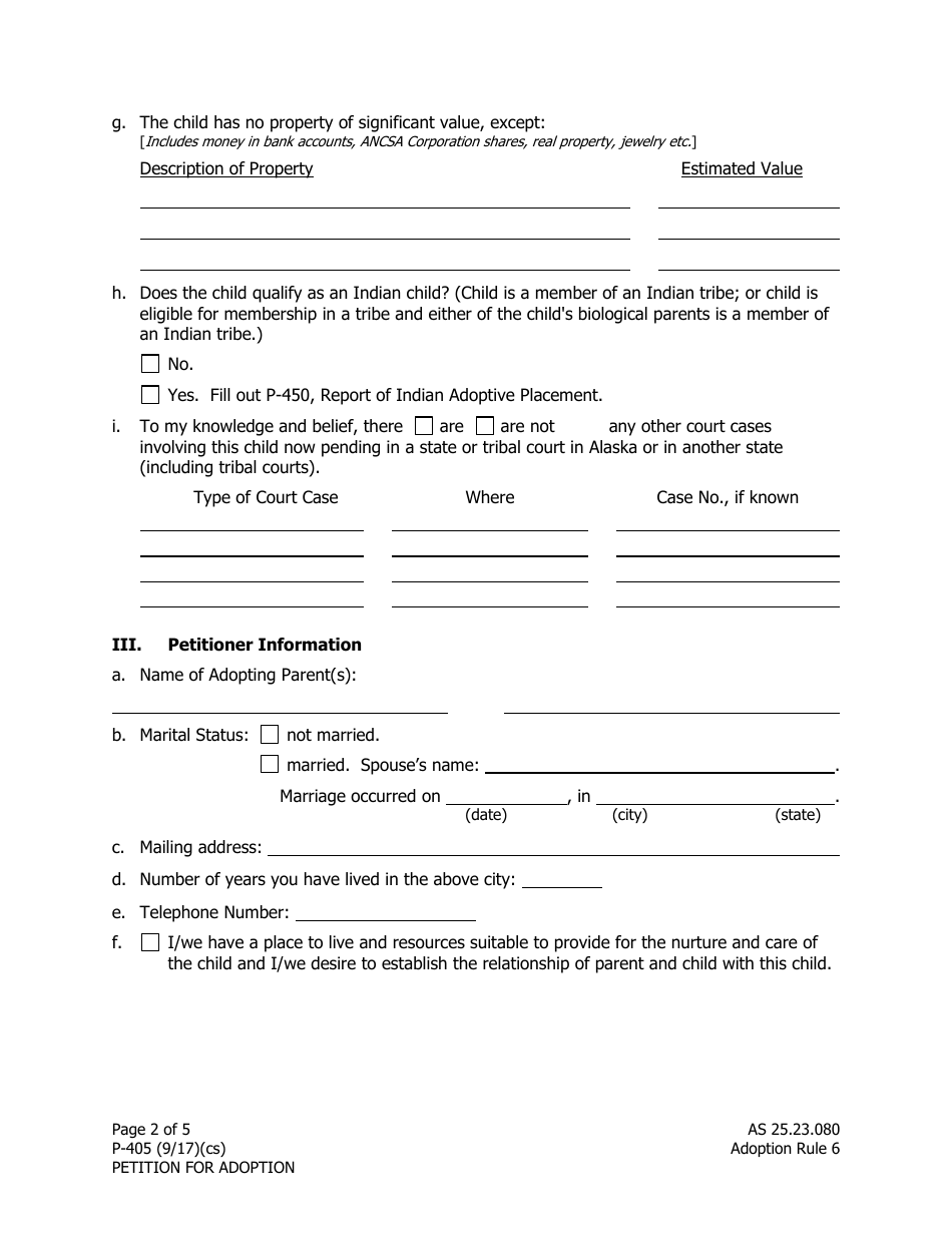 Form P-405 Petition for Adoption - Alaska, Page 2