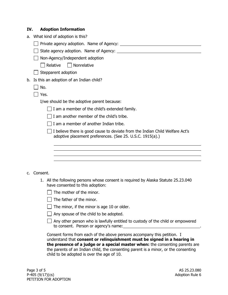 Form P-405 Petition for Adoption - Alaska, Page 3
