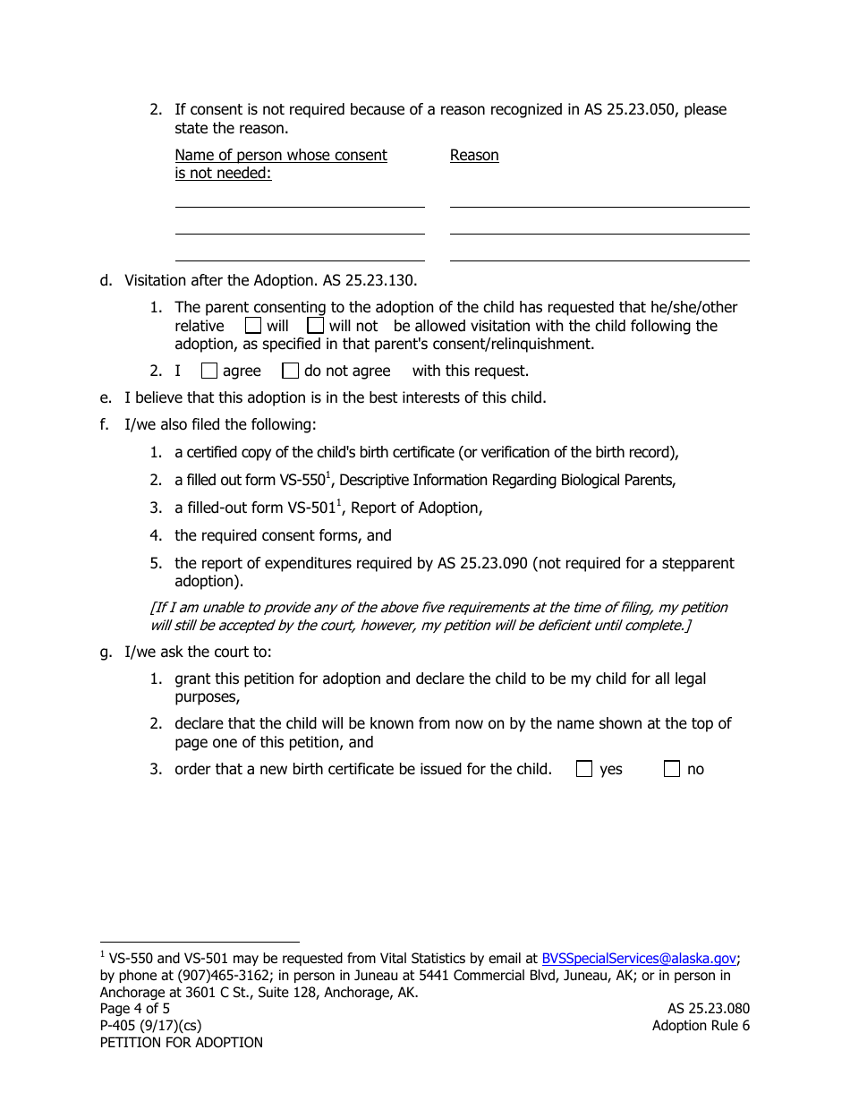 Form P-405 Petition for Adoption - Alaska, Page 4