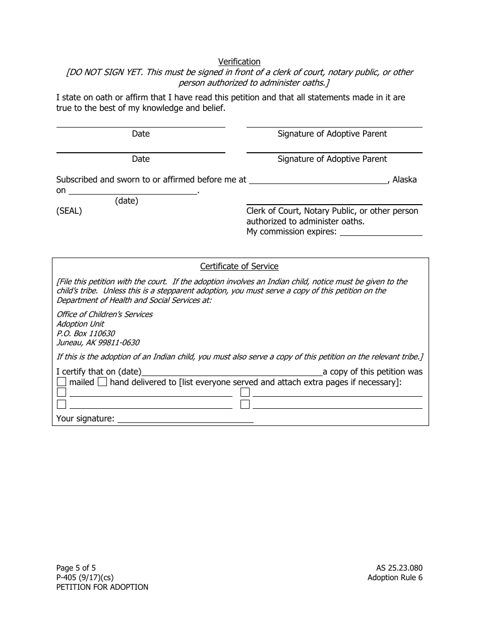 Form P-405 Petition for Adoption - Alaska, Page 5