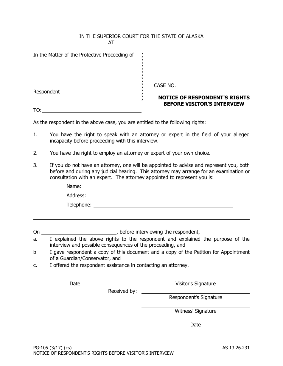 Form PG-105 Notice of Respondents Rights Before Visitors Interview - Alaska, Page 1