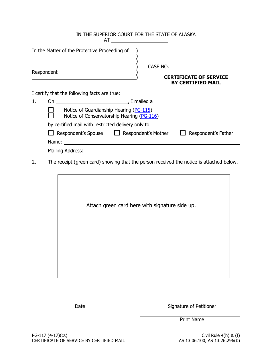 Form PG-117 Certificate of Service by Certified Mail - Alaska, Page 1