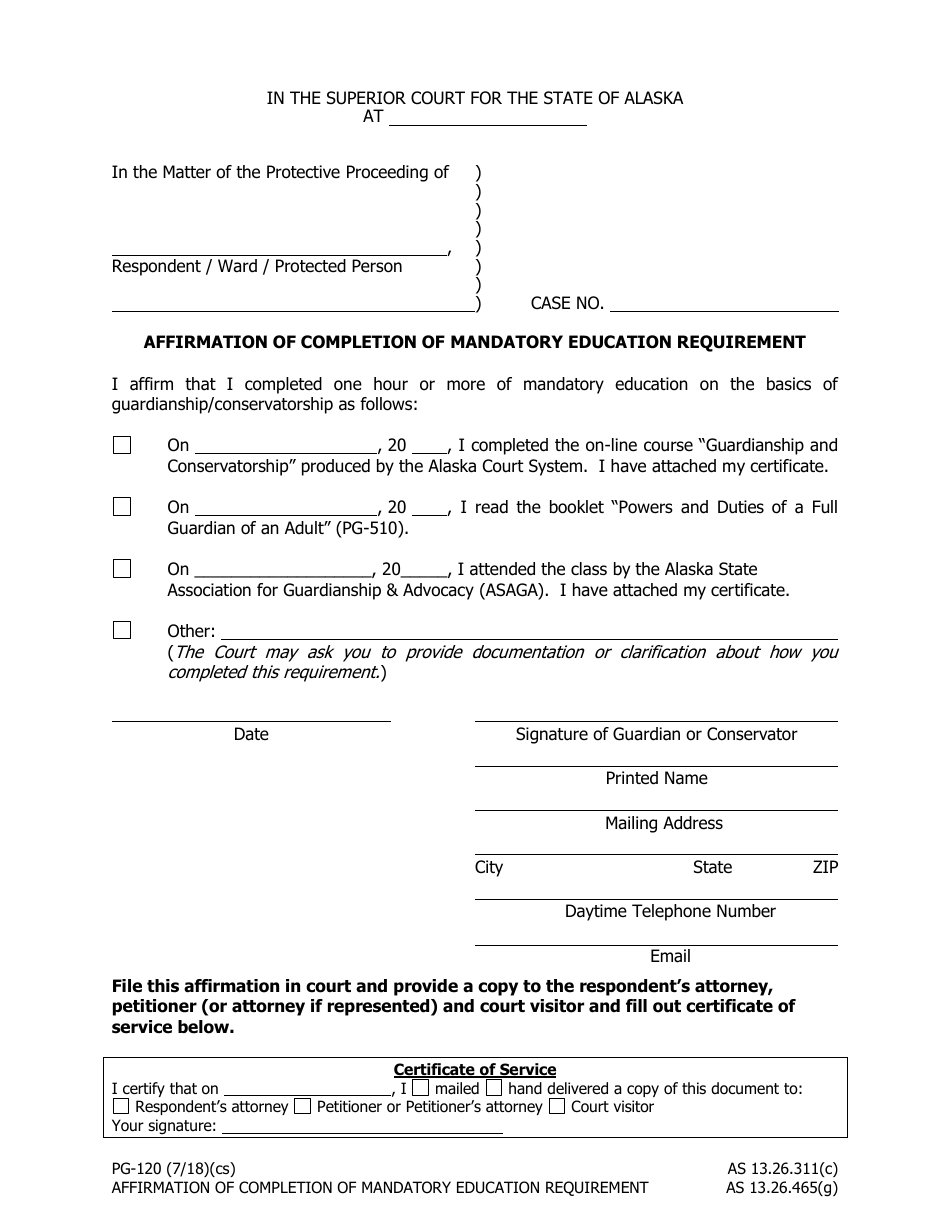 Form PG-102 Affirmation of Completion of Mandatory Education Requirement - Alaska, Page 1