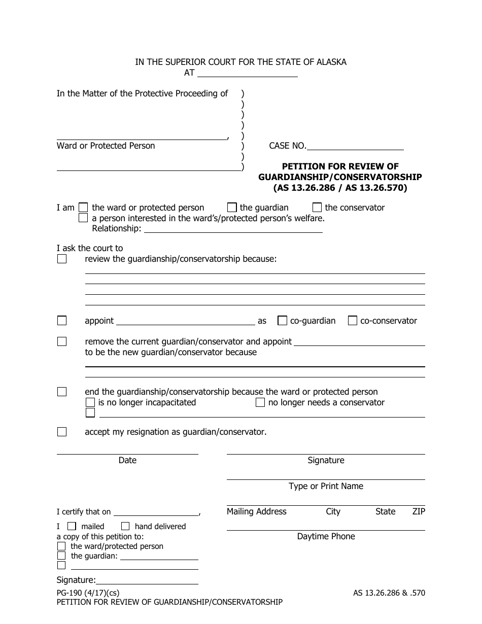 Form PG-190 Petition for Review of Guardianship / Conservatorship (As 13.26.286 / as 13.26.570) - Alaska, Page 1