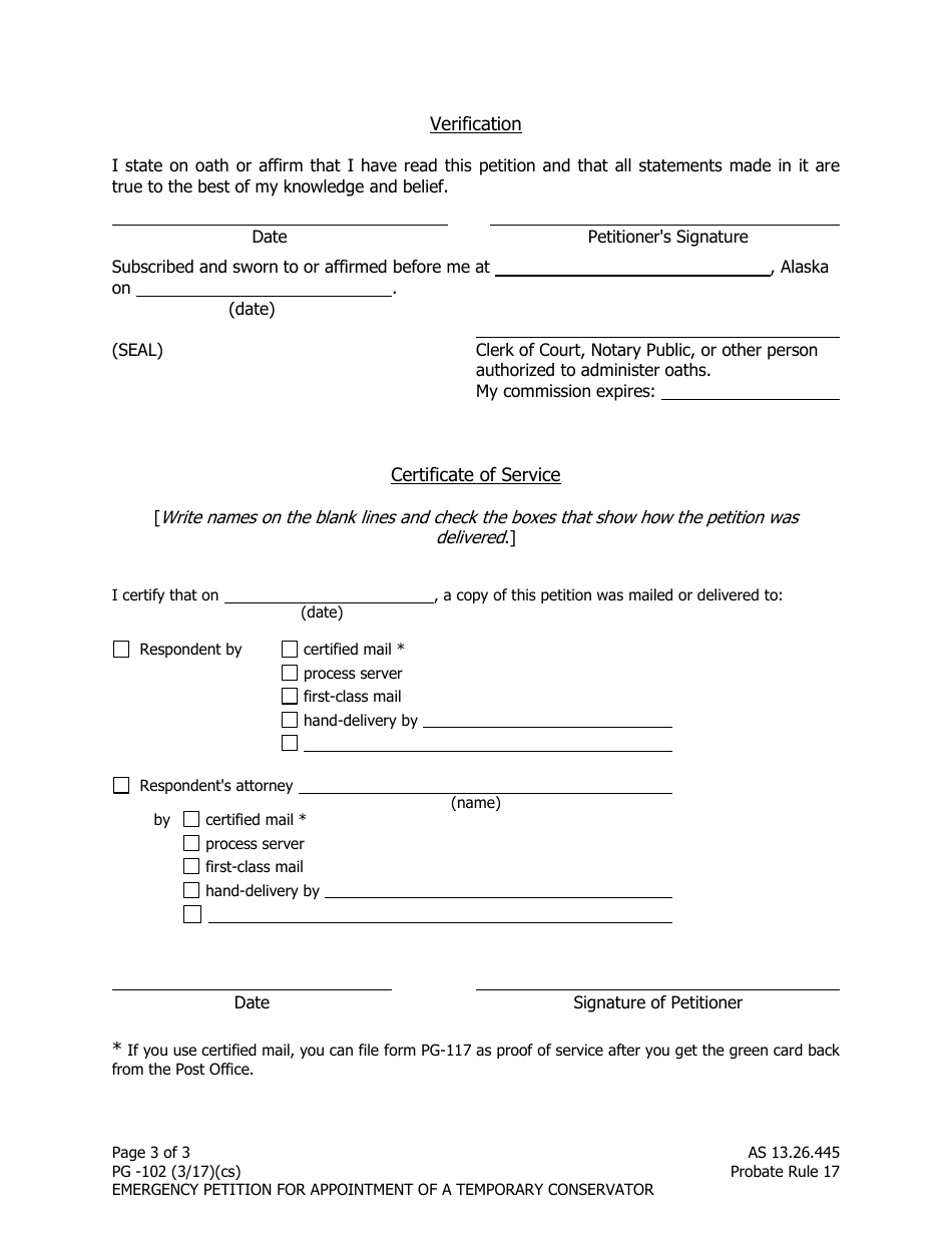 Form PG-102 Emergency Petition for Appointment of a Temporary Conservator (As 13.26.445) - Alaska, Page 3