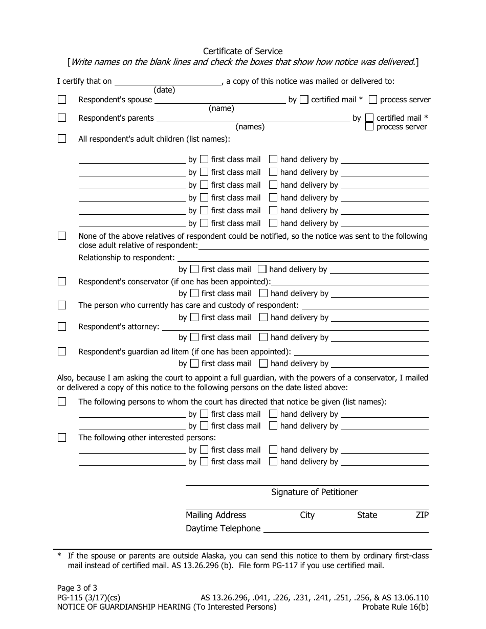 Form PG-115 Notice of Guardianship Hearing (To Interested Persons) - Alaska, Page 3