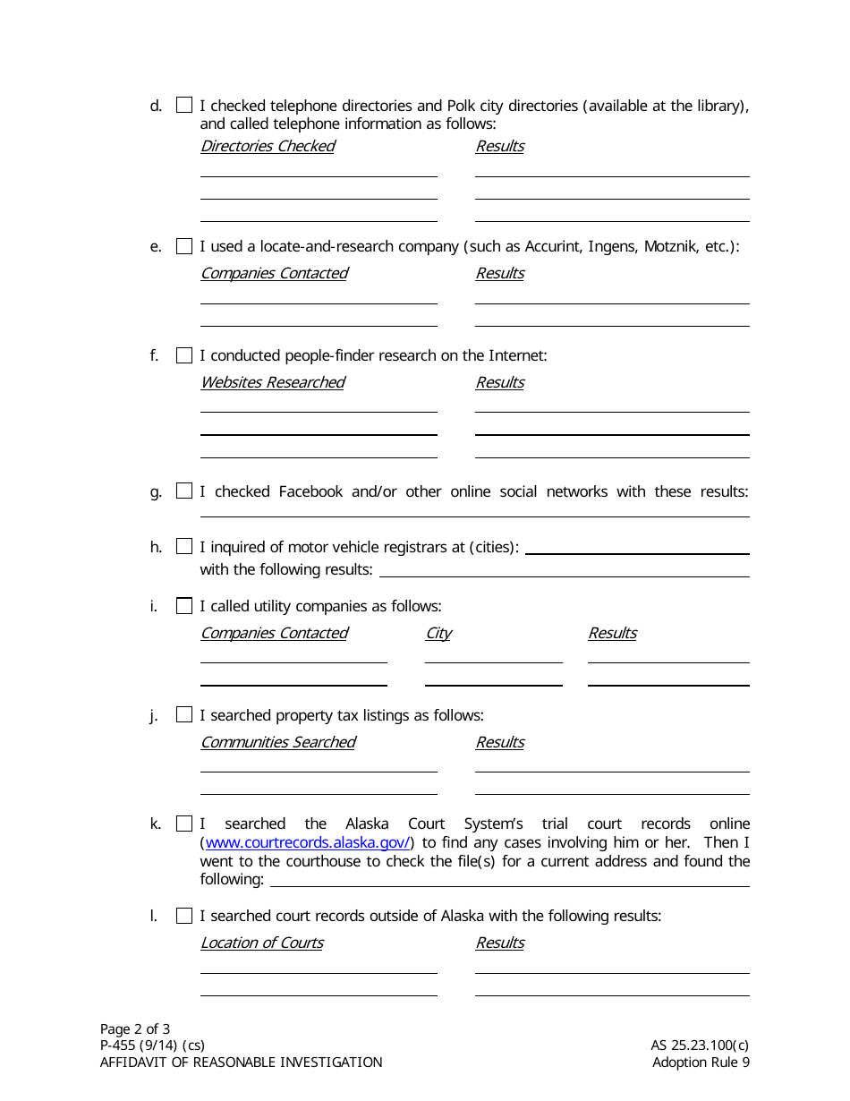 Form P-455 Affidavit of Reasonable Investigation - Alaska, Page 2