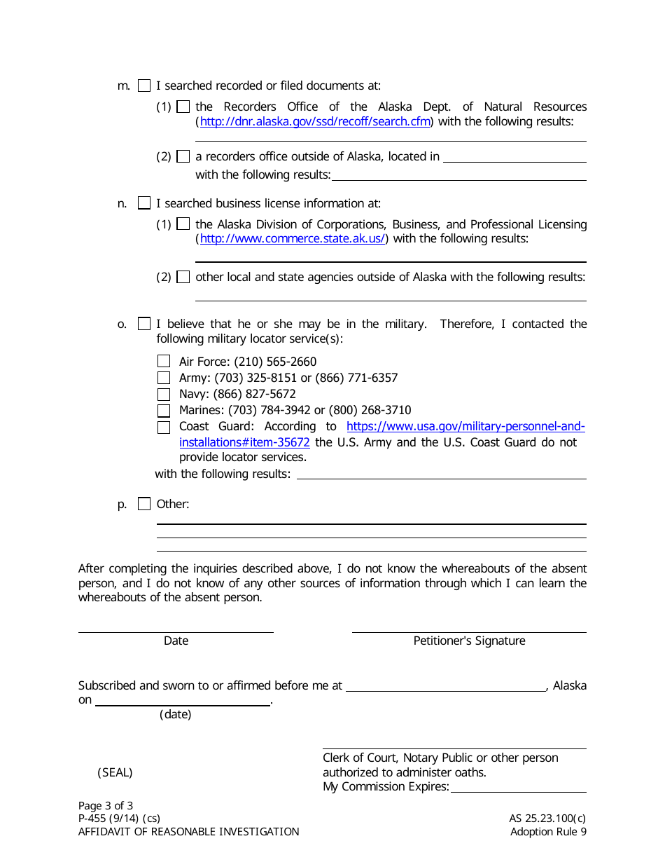 Form P-455 Affidavit of Reasonable Investigation - Alaska, Page 3