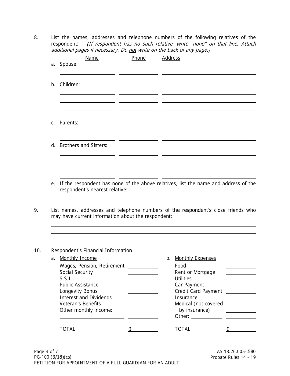 Form PG-100 Petition for Appointment of a Full Guardian for an Adult - Alaska, Page 3