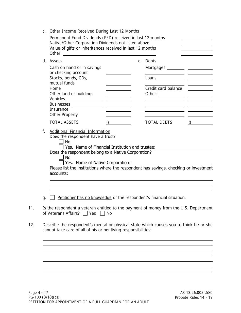 Form PG-100 Petition for Appointment of a Full Guardian for an Adult - Alaska, Page 4