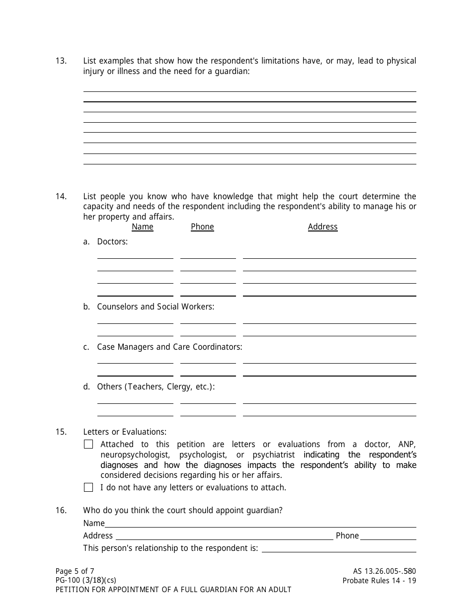 Form PG-100 Petition for Appointment of a Full Guardian for an Adult - Alaska, Page 5