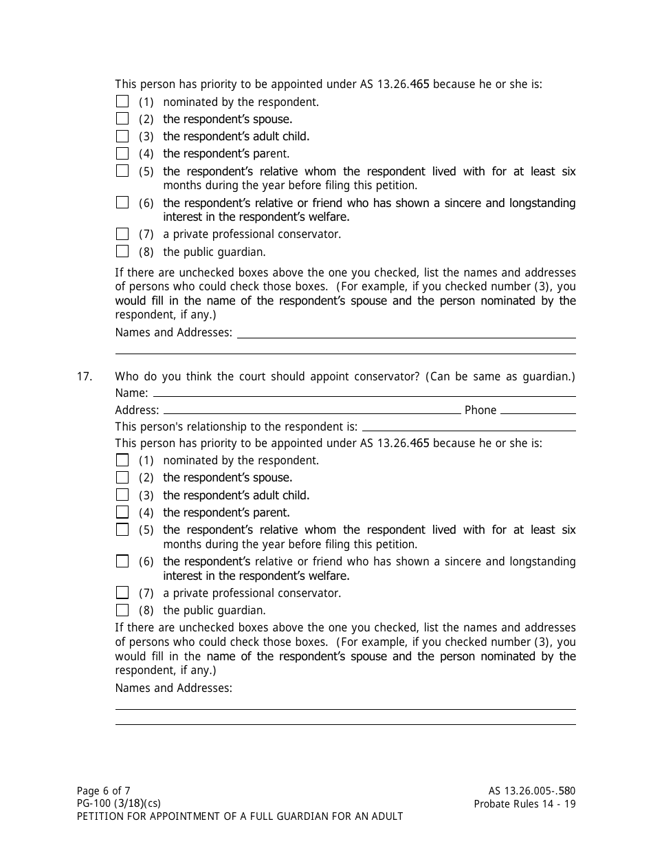 Form PG-100 Petition for Appointment of a Full Guardian for an Adult - Alaska, Page 6