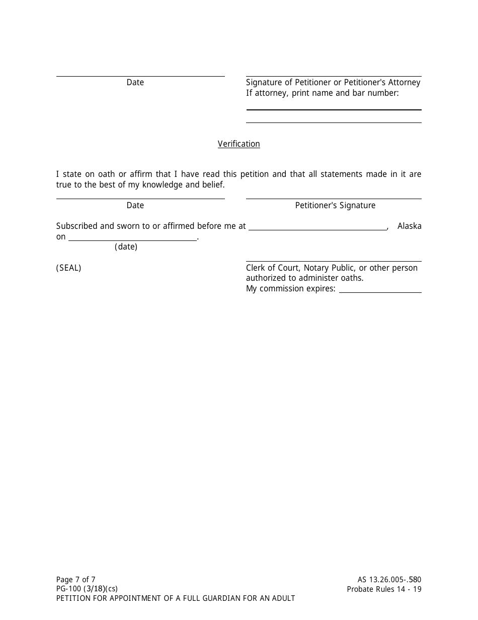 Form PG-100 Petition for Appointment of a Full Guardian for an Adult - Alaska, Page 7