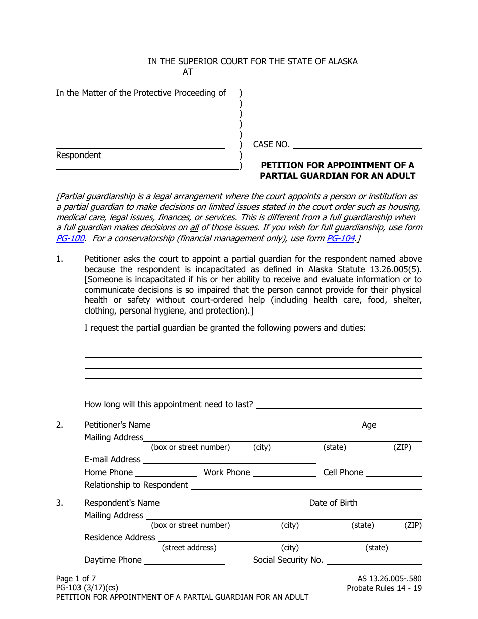 Form PG-103 Petition for Appointment of a Partial Guardian for an Adult - Alaska, Page 1