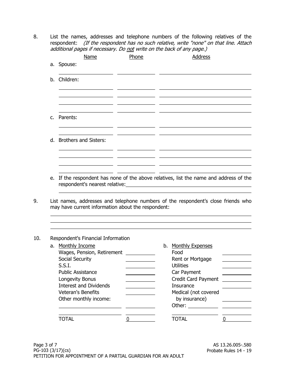 Form PG-103 Petition for Appointment of a Partial Guardian for an Adult - Alaska, Page 3