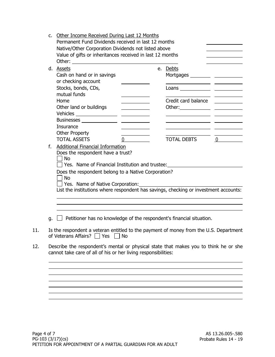 Form PG-103 Petition for Appointment of a Partial Guardian for an Adult - Alaska, Page 4