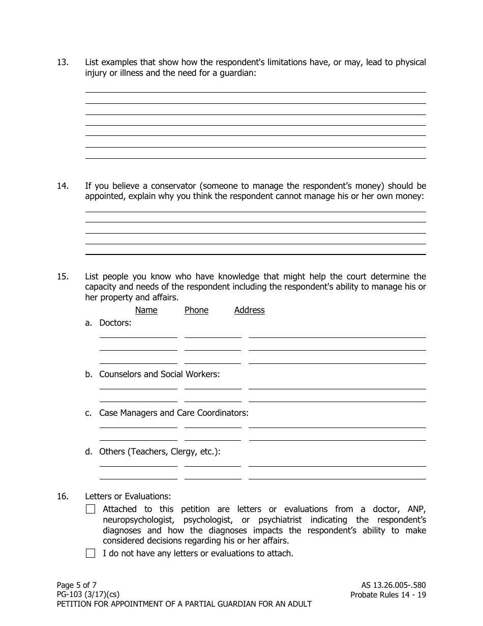 Form PG-103 Petition for Appointment of a Partial Guardian for an Adult - Alaska, Page 5