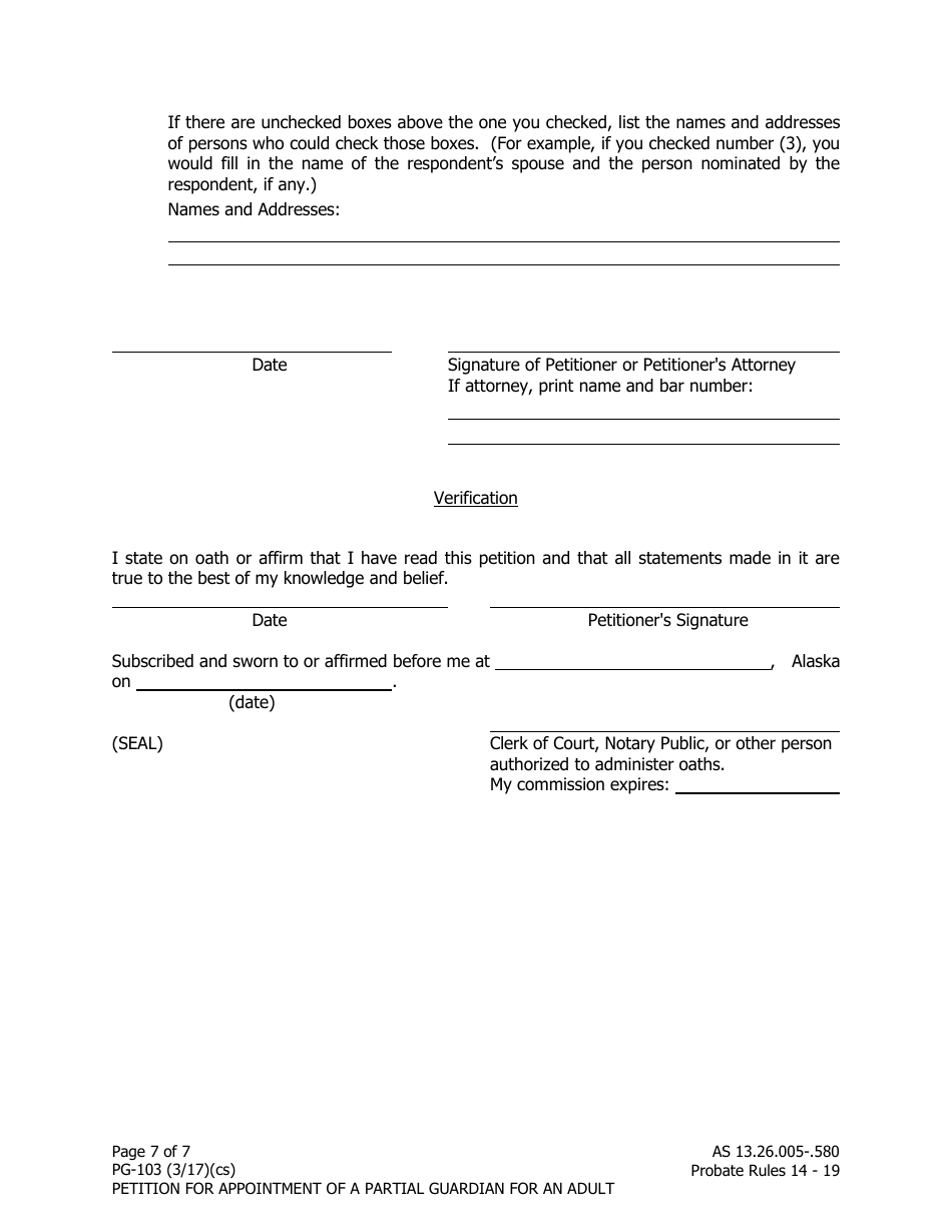 Form PG-103 Petition for Appointment of a Partial Guardian for an Adult - Alaska, Page 7