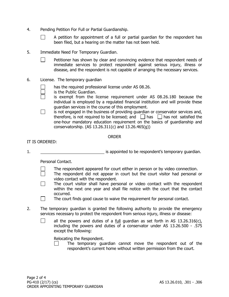 Form PG-410 Order Appointing Temporary Guardian Under as 13.26.301 - Alaska, Page 2
