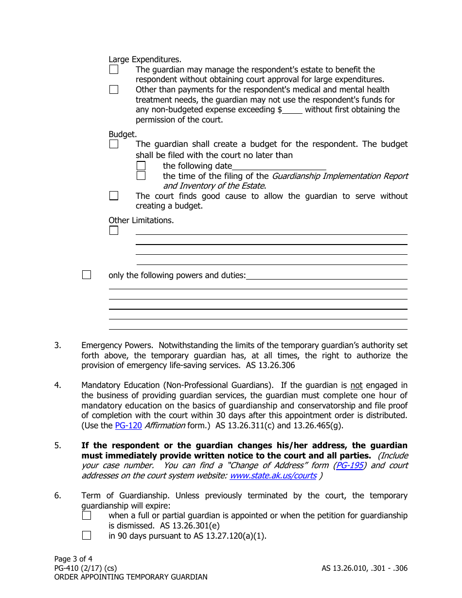 Form PG-410 Order Appointing Temporary Guardian Under as 13.26.301 - Alaska, Page 3