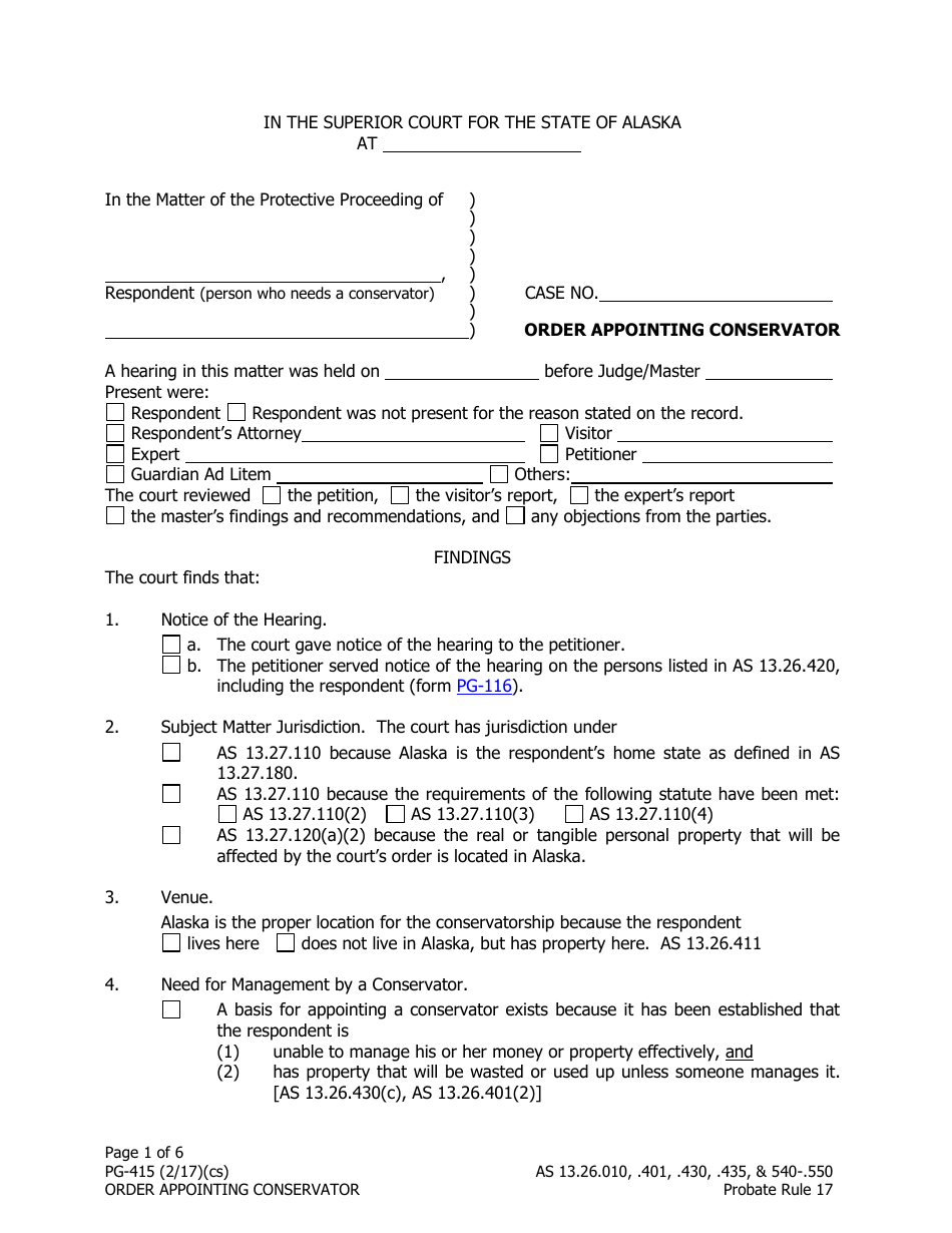 Form PG-415 Order Appointing Conservator - Alaska, Page 1