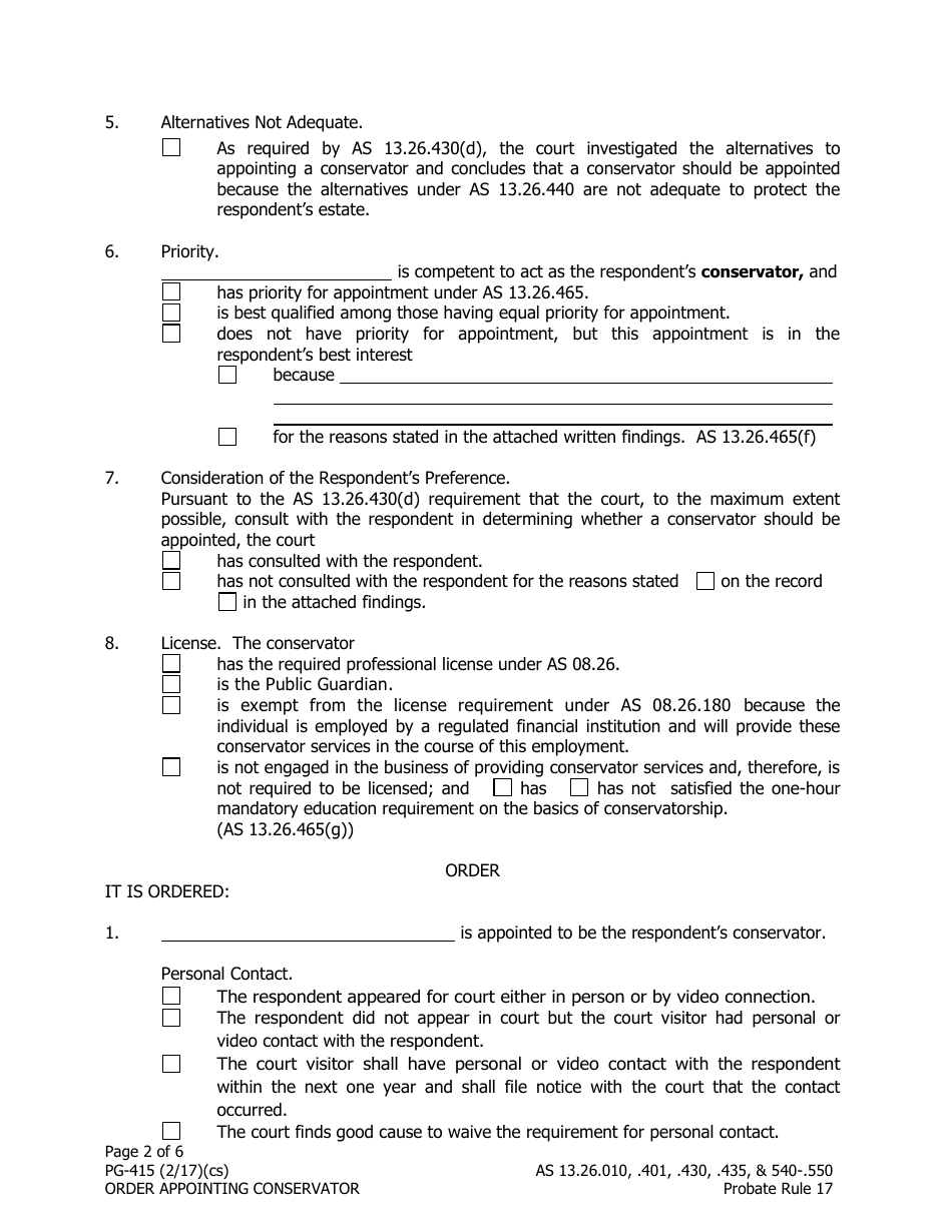 Form PG-415 Order Appointing Conservator - Alaska, Page 2