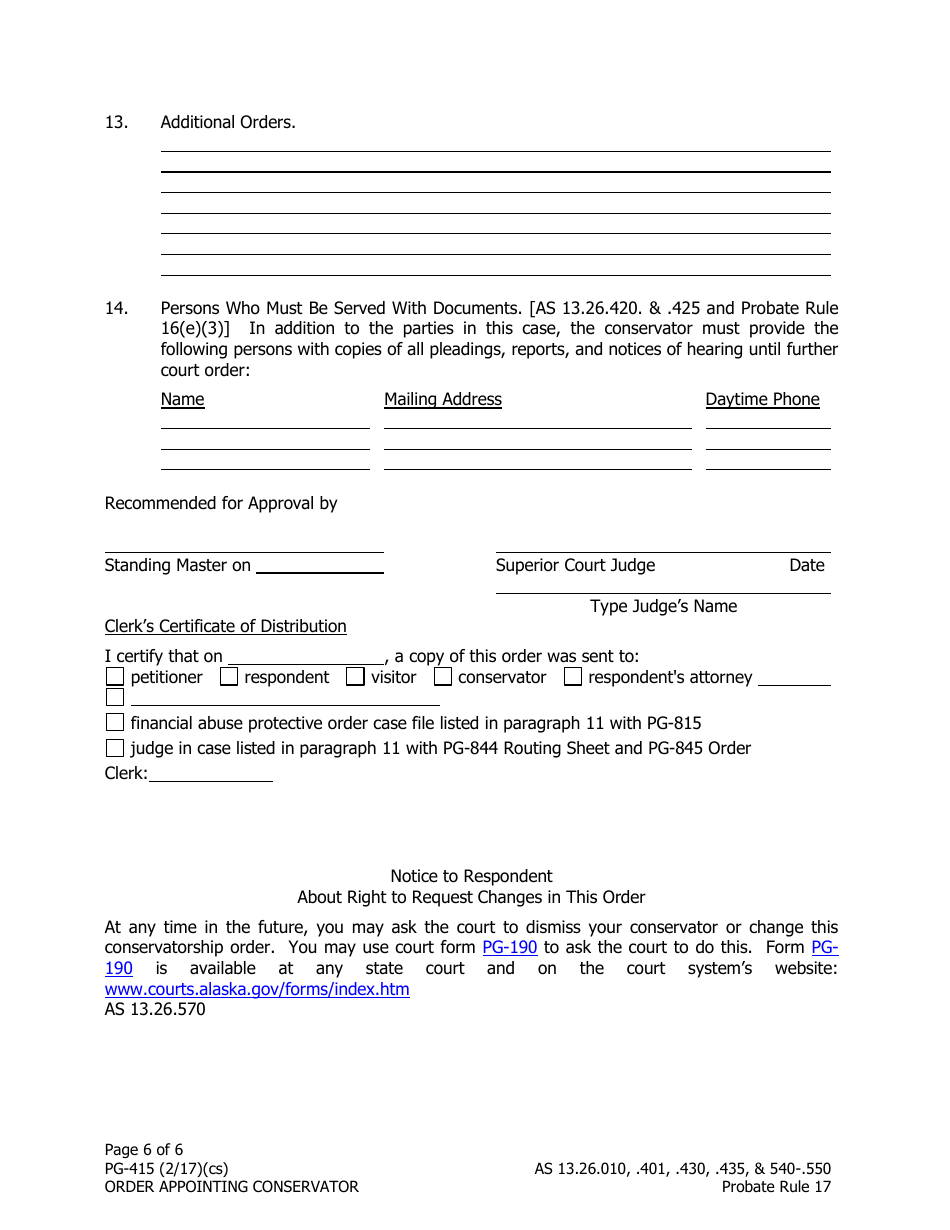 Form PG-415 Order Appointing Conservator - Alaska, Page 6