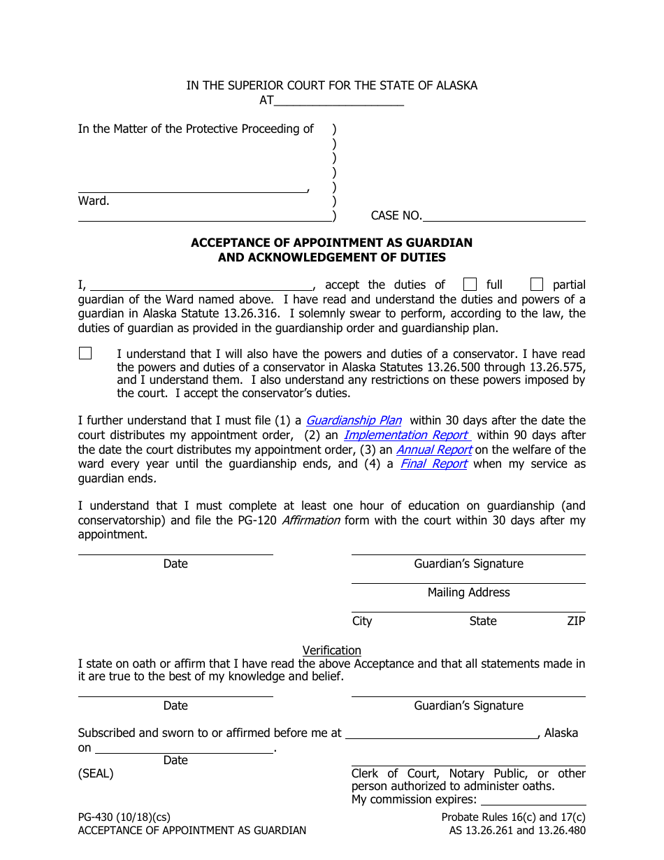 Form PG-430 Acceptance of Appointment as Guardian and Acknowledgement of Duties - Alaska, Page 1