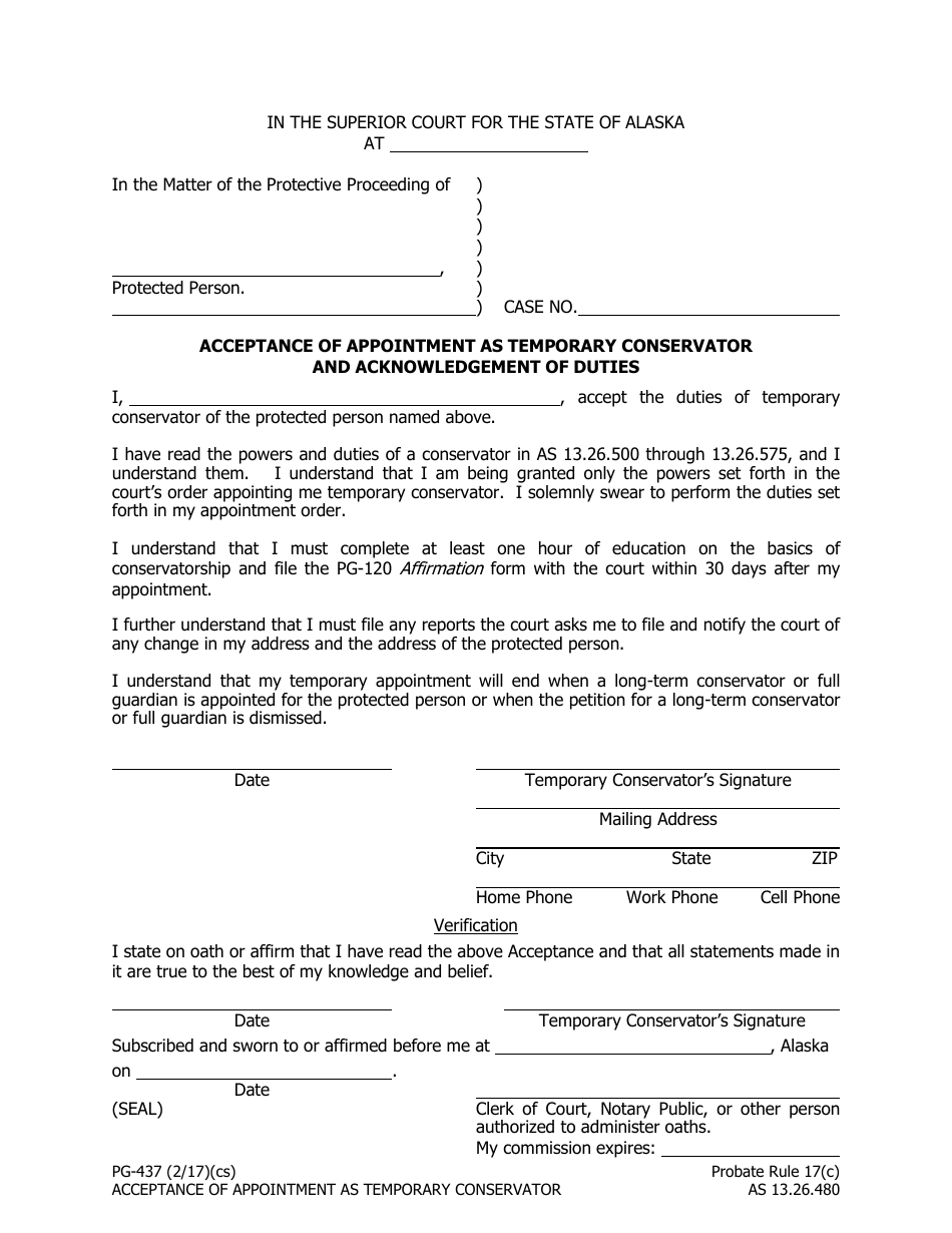 Form PG-437 Acceptance of Appointment as Temporary Conservator and Acknowledgement of Duties - Alaska, Page 1