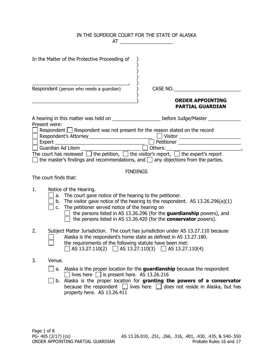 Form PG-405 Order Appointing Partial Guardian - Alaska, Page 1