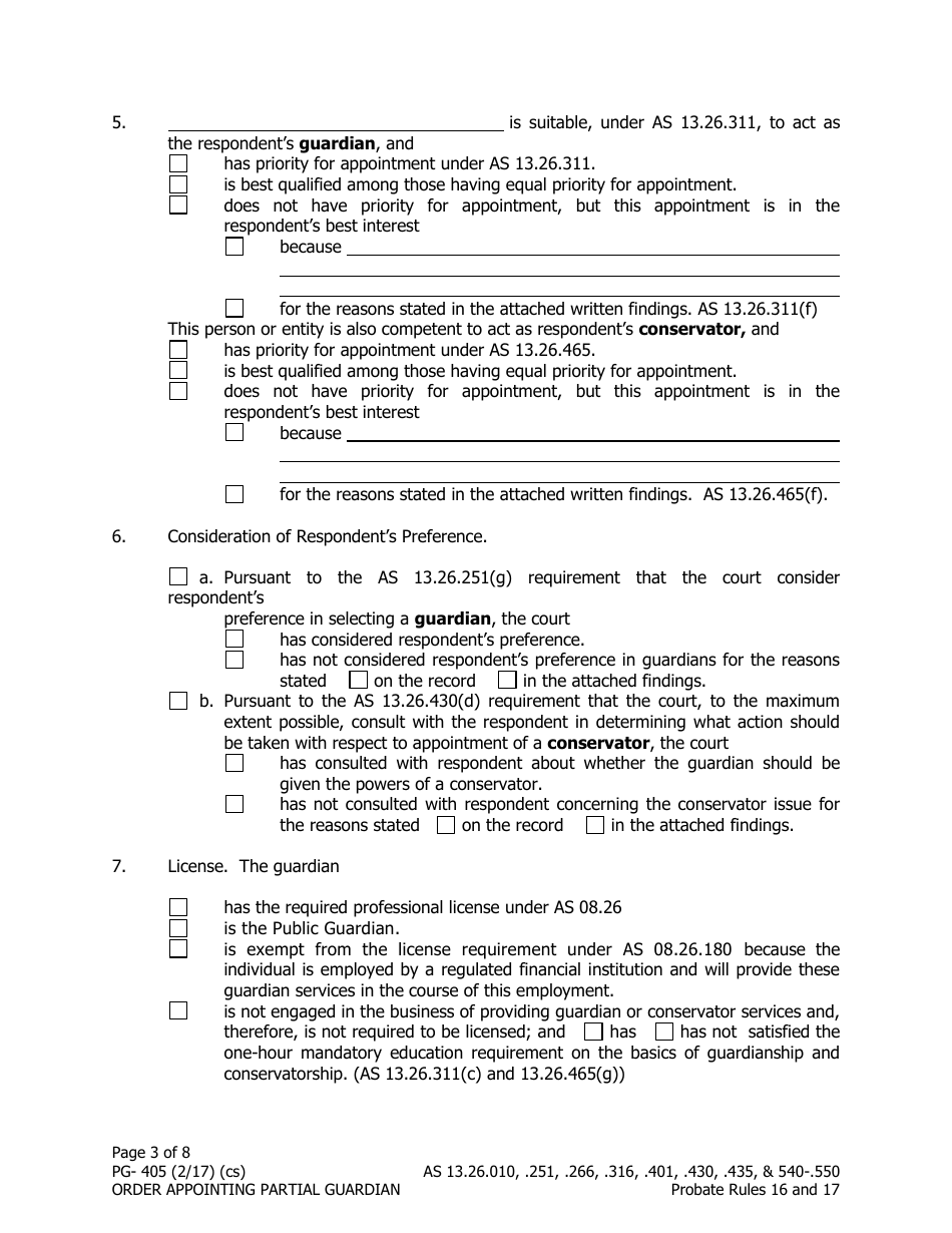 Form PG-405 Order Appointing Partial Guardian - Alaska, Page 3