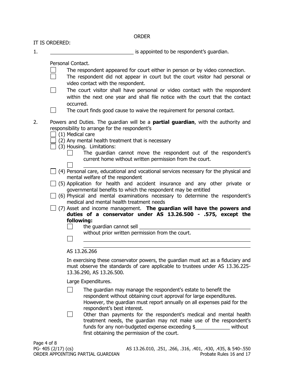 Form PG-405 Order Appointing Partial Guardian - Alaska, Page 4
