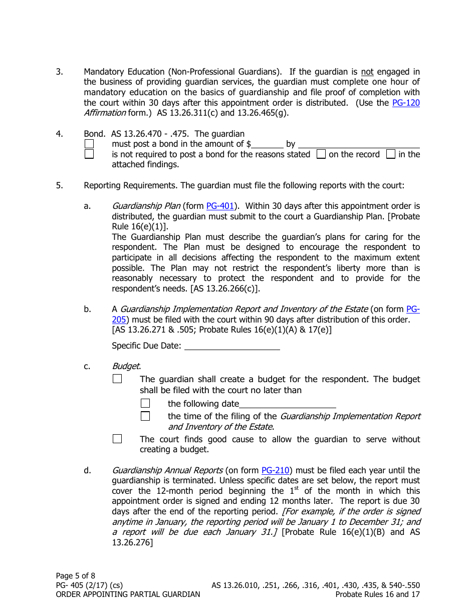 Form PG-405 Order Appointing Partial Guardian - Alaska, Page 5