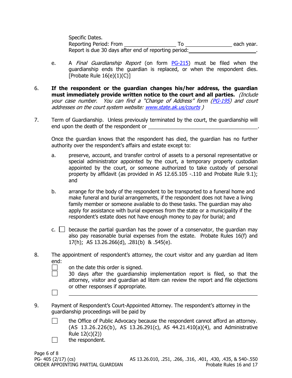 Form PG-405 Order Appointing Partial Guardian - Alaska, Page 6