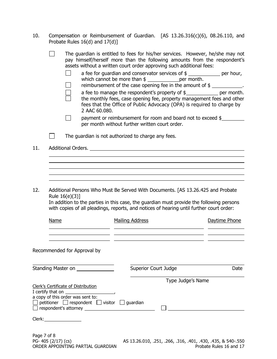 Form PG-405 Order Appointing Partial Guardian - Alaska, Page 7