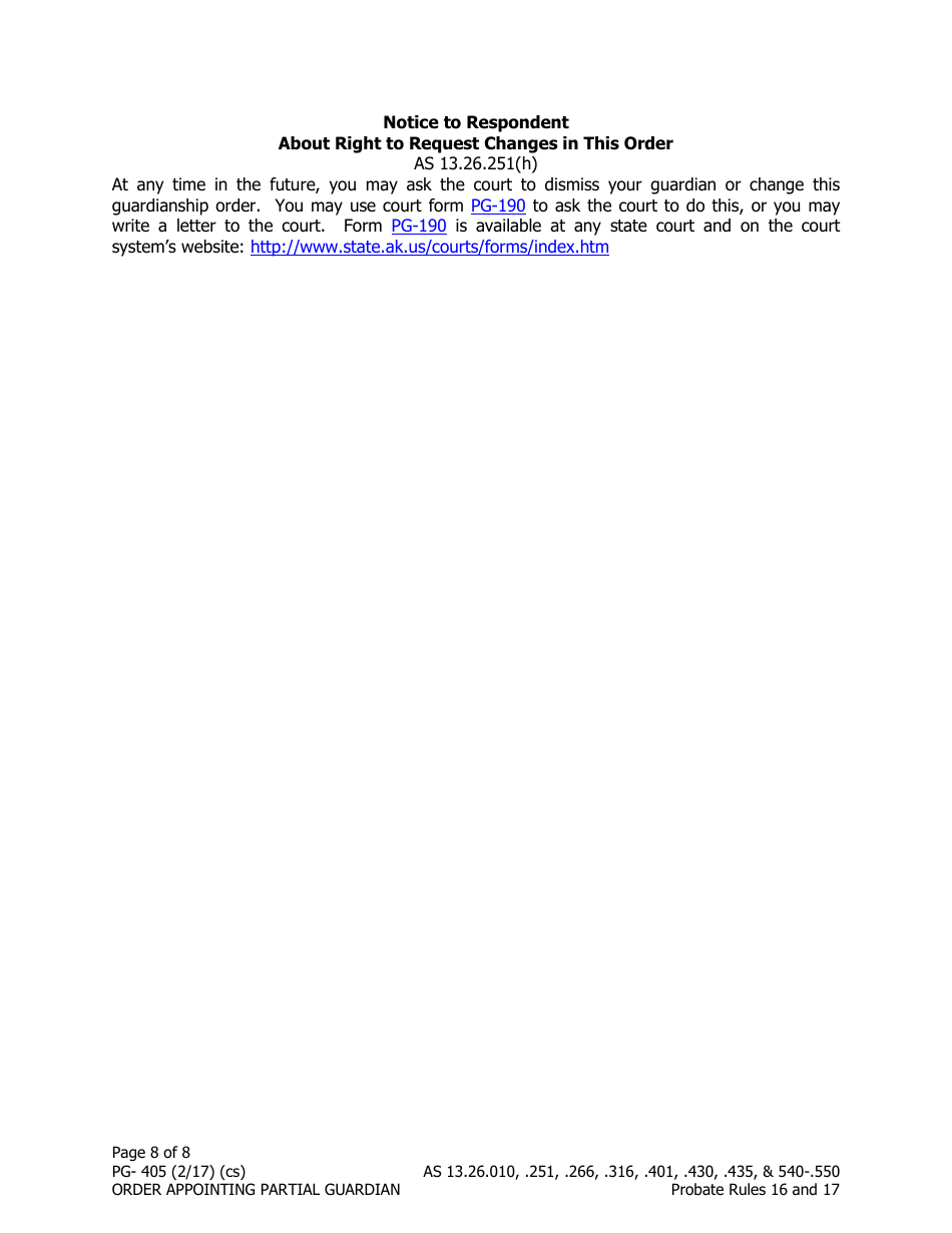 Form PG-405 Order Appointing Partial Guardian - Alaska, Page 8