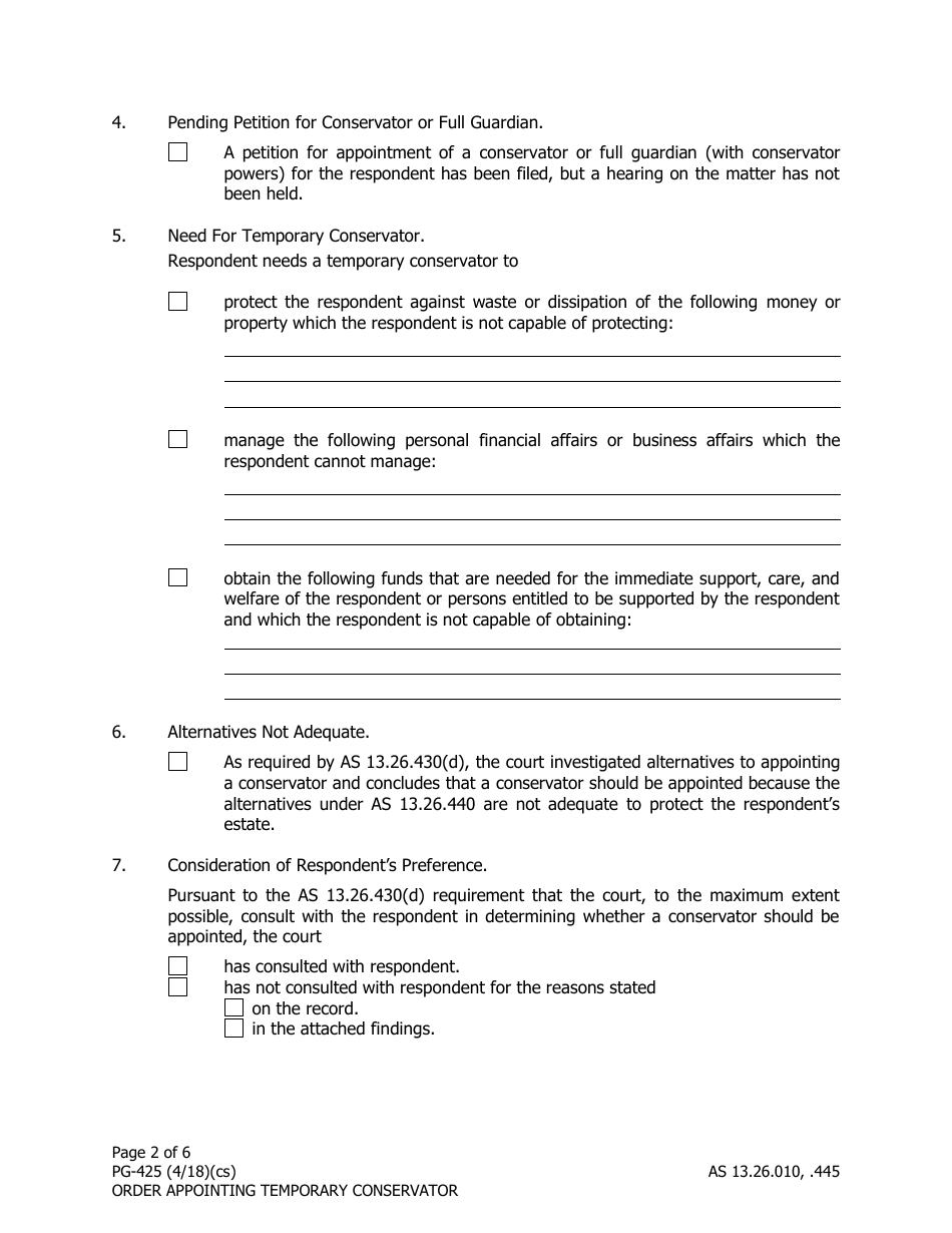Form PG-425 Order Appointing Temporary Conservator Under as 13.26.445 - Alaska, Page 2