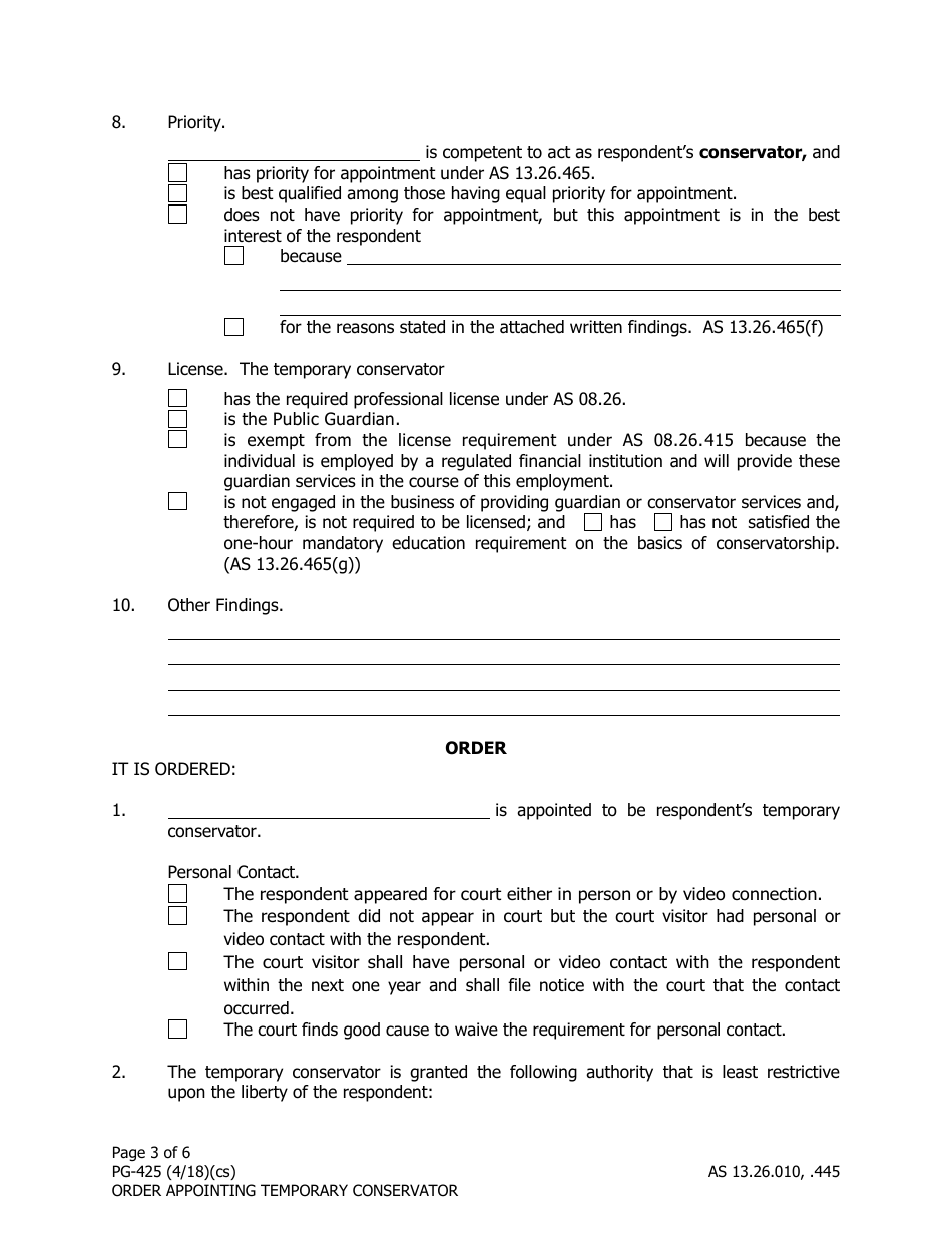 Form PG-425 Order Appointing Temporary Conservator Under as 13.26.445 - Alaska, Page 3