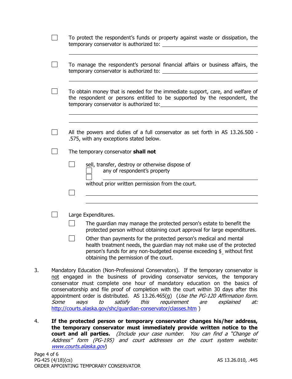 Form PG-425 Order Appointing Temporary Conservator Under as 13.26.445 - Alaska, Page 4